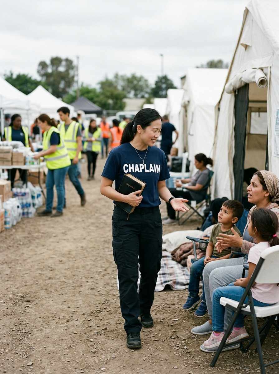 Asian female chaplain in CHAPLAIN shirt holding Bible helping family at disaster relief site