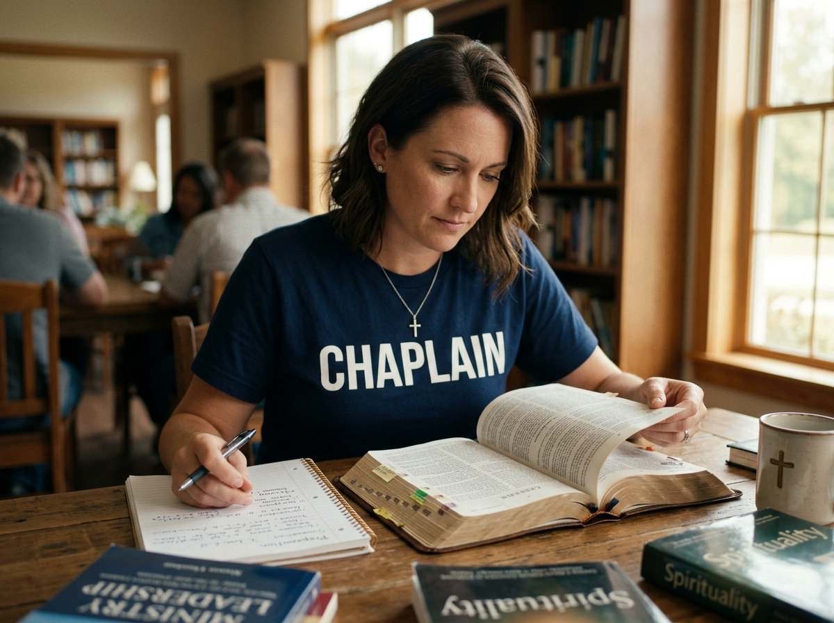 Chaplain studying Bible during ministry training preparation.