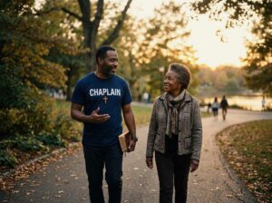 Chaplain walking beside individual offering spiritual encouragement.