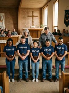 Five chaplain candidates standing together holding Bibles while receiving prayer during a chaplain ordination ceremony.