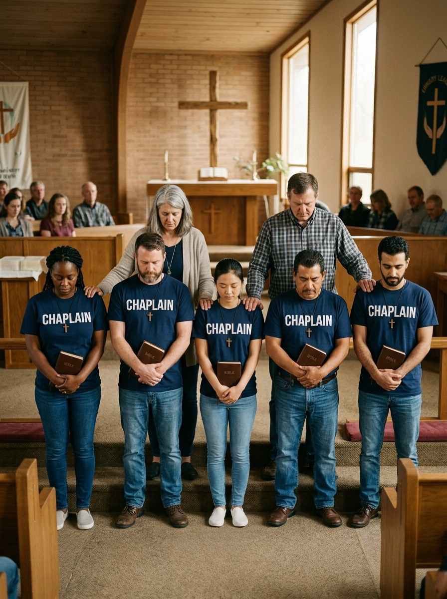 Five chaplain candidates standing together holding Bibles while receiving prayer during a chaplain ordination ceremony.