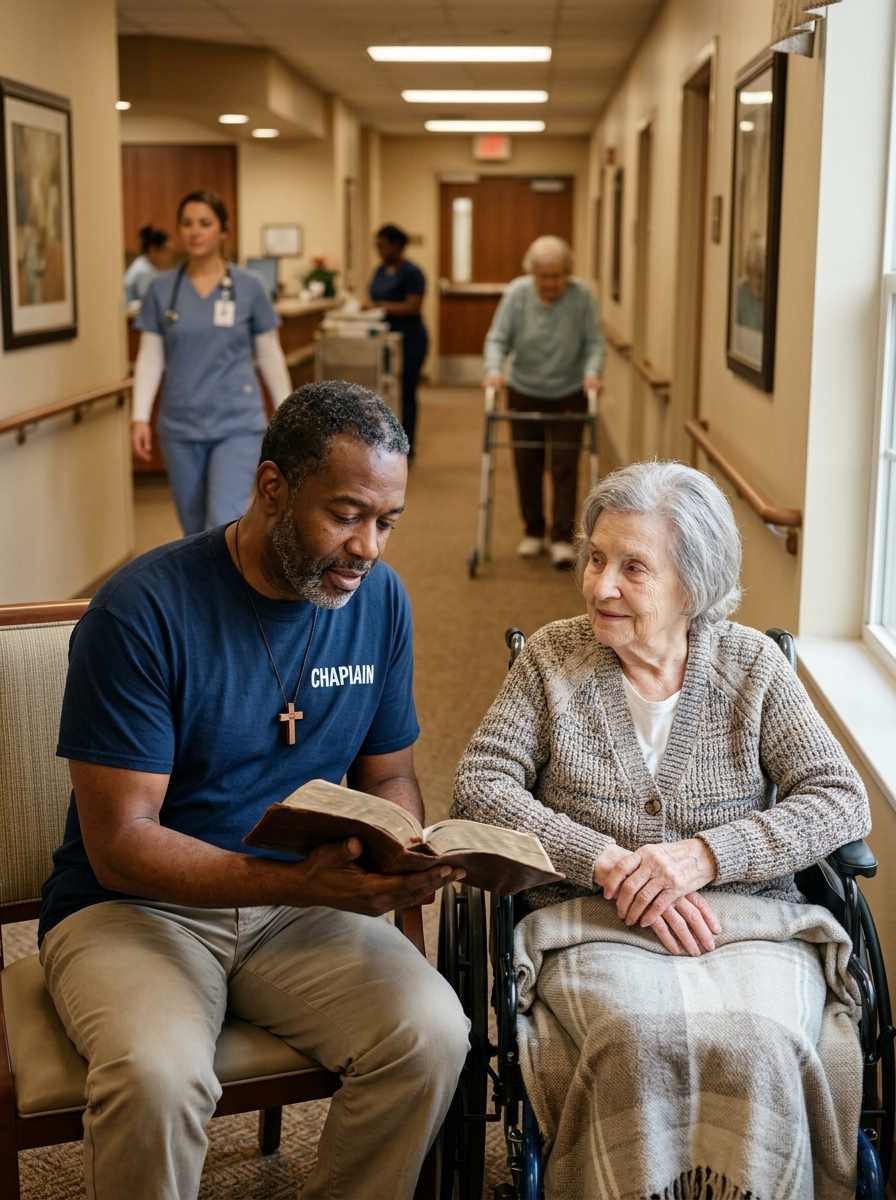 Male chaplain in CHAPLAIN shirt reading Bible to elderly resident in nursing home