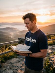 Male chaplain wearing cross necklace and “CHAPLAIN” shirt reading a Bible at sunrise on a mountain overlook
