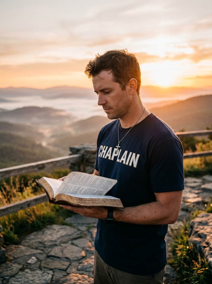 Male chaplain wearing cross necklace and “CHAPLAIN” shirt reading a Bible at sunrise on a mountain overlook