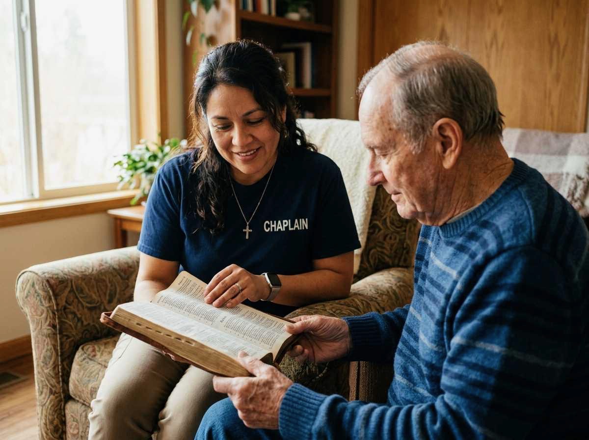 Chaplain reading Bible with individual during spiritual care visit.
