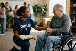 Female chaplain praying with male wheelchair user indoors.