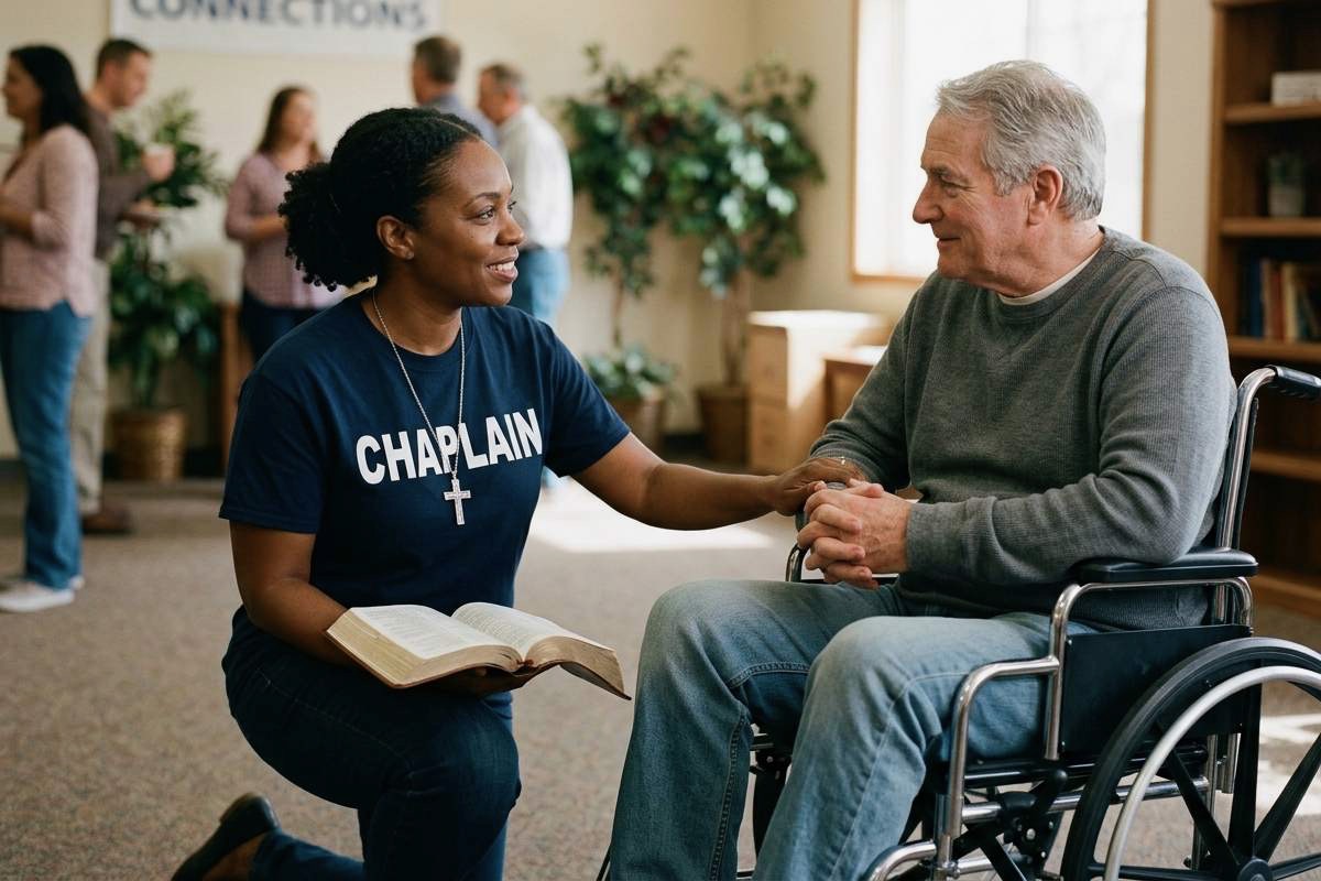 Female chaplain praying with male wheelchair user indoors.