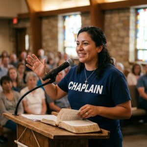 Christian chaplain speaking at church podium teaching from Bible during congregational gathering.