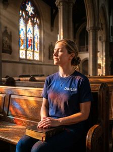 Chaplain in CHAPLAIN shirt sitting in church holding Bible with cross necklace at sunset