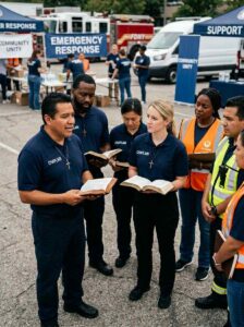 Diverse group of chaplains in CHAPLAIN shirts holding Bibles with community responders