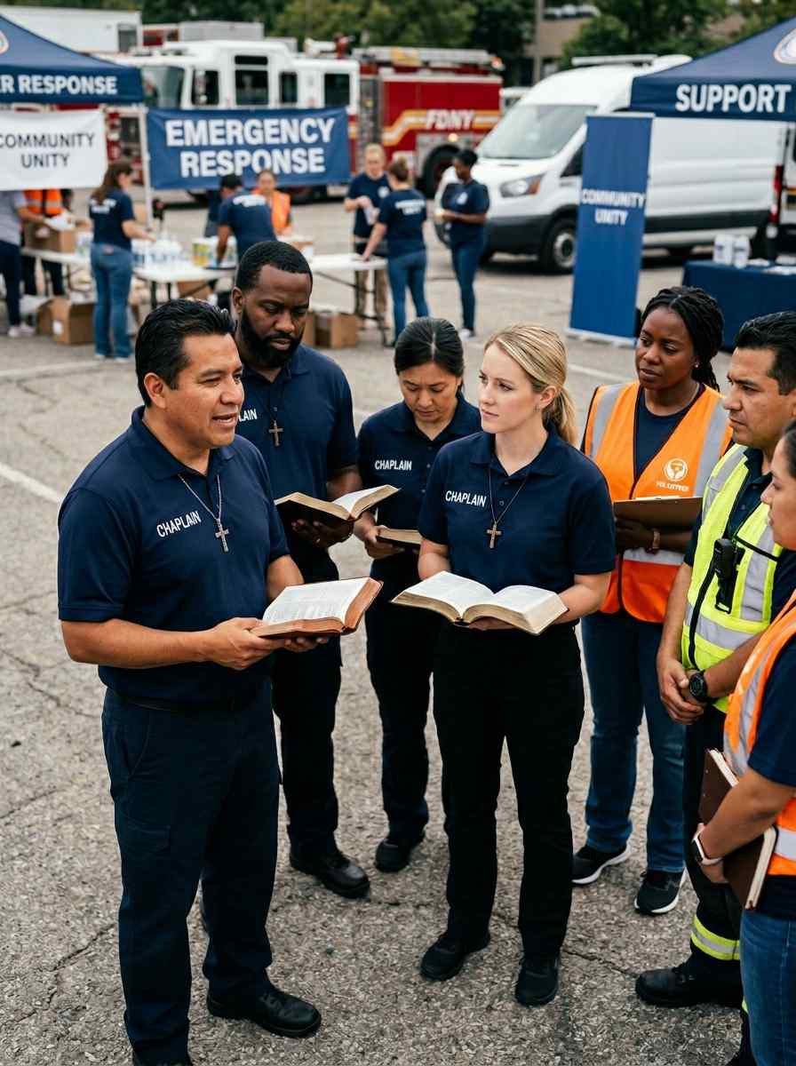 Diverse group of chaplains in CHAPLAIN shirts holding Bibles with community responders