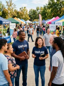 Black male and Asian female chaplains wearing CHAPLAIN shirts holding Bibles at community event
