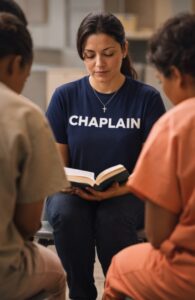 Female Christian corrections chaplain praying with incarcerated woman in prison visitation area, wearing navy “CHAPLAIN” t-shirt and cross necklace, holding Bible during pastoral care moment.