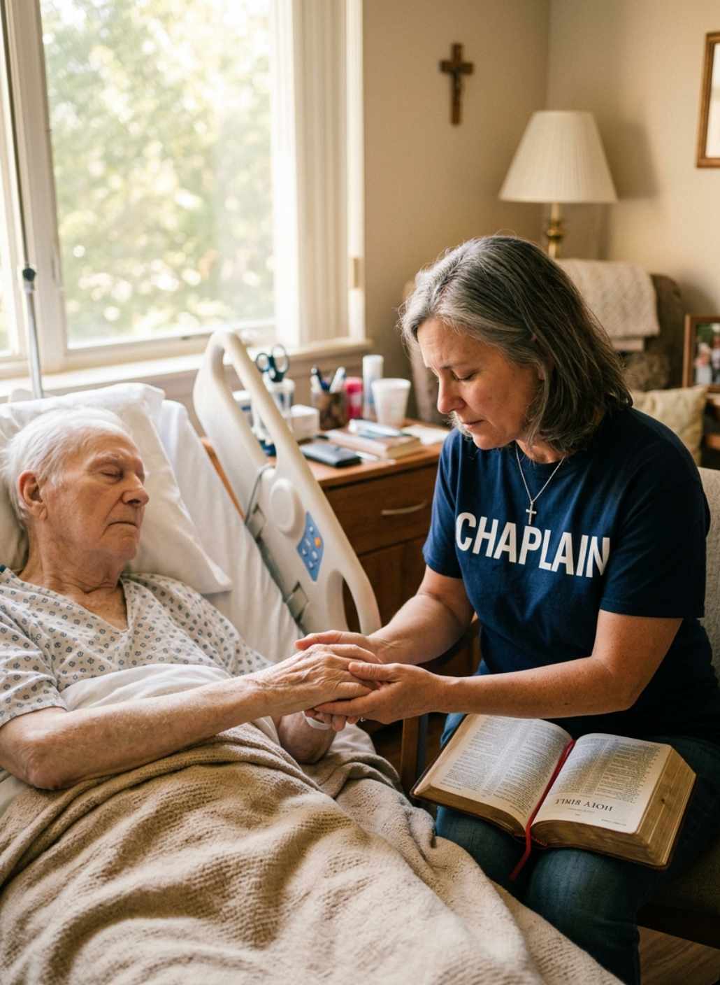 Christian hospice chaplain wearing a navy “CHAPLAIN” t-shirt and cross necklace sits beside an elderly patient in a hospice bed, gently holding the patient’s hand while praying and holding a Bible in a peaceful, softly lit hospice room.