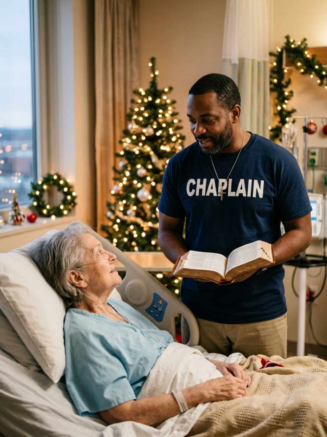 Black male Christmas chaplain reading Bible to hospital patient during Christmas