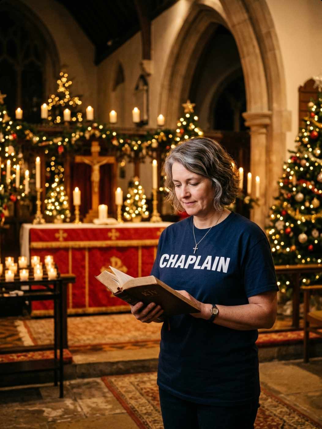 Female Christmas chaplain praying with Bible in candlelit church during Advent