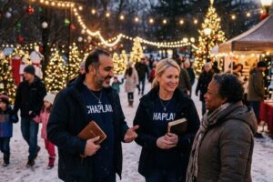 Community chaplains leading Christmas outreach event sharing Bible teaching and spiritual care with families