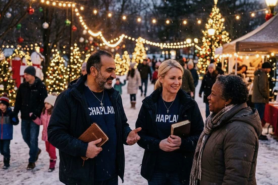 Community chaplains leading Christmas outreach event sharing Bible teaching and spiritual care with families