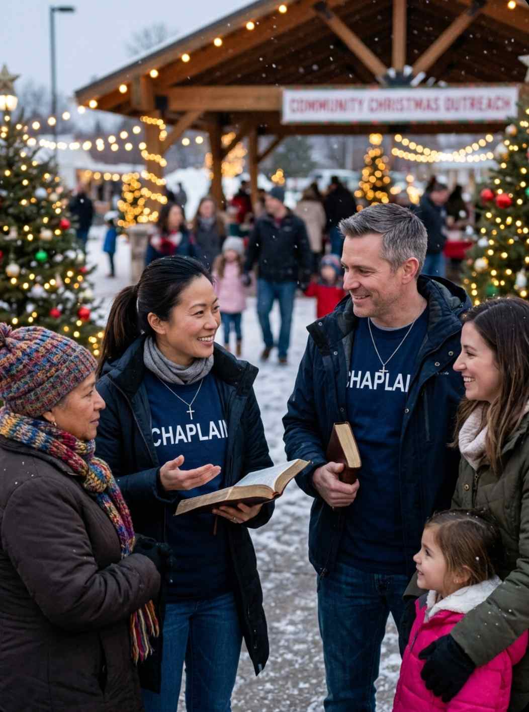 Male and female Christmas chaplains offering encouragement at community Christmas event