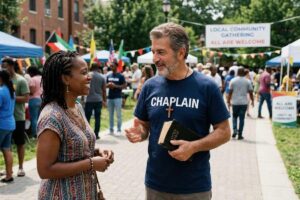 Chaplain speaking with a woman at a local community gathering, holding a Bible and engaging in friendly conversation.