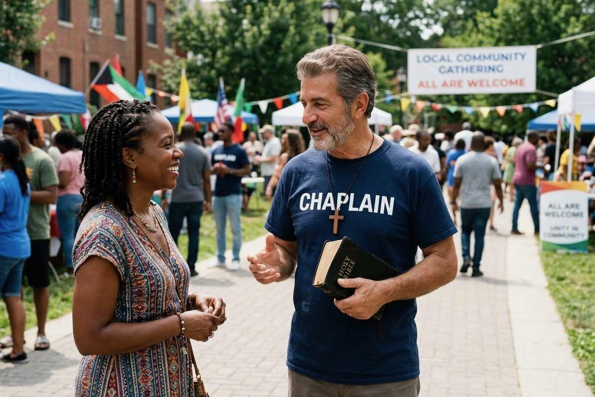 Chaplain speaking with a woman at a local community gathering, holding a Bible and engaging in friendly conversation.