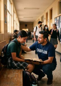 School chaplain comforting student in hallway while holding Bible.