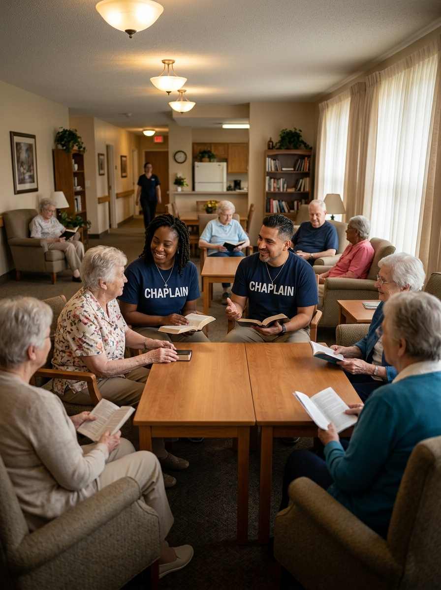 Diverse chaplains in CHAPLAIN shirts leading Bible group in nursing home setting