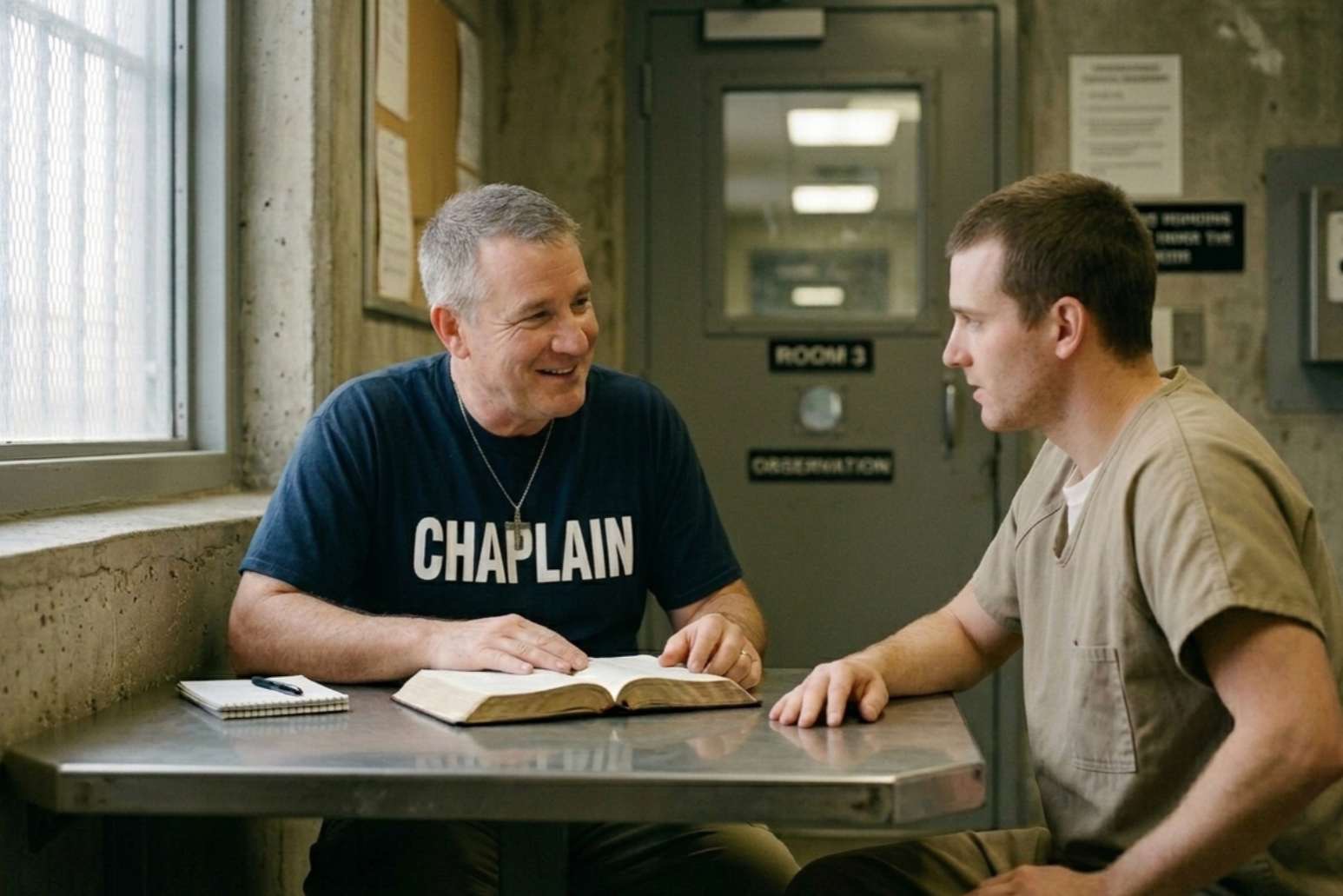 Corrections chaplain leading Bible study with inmate inside correctional facility visitation room