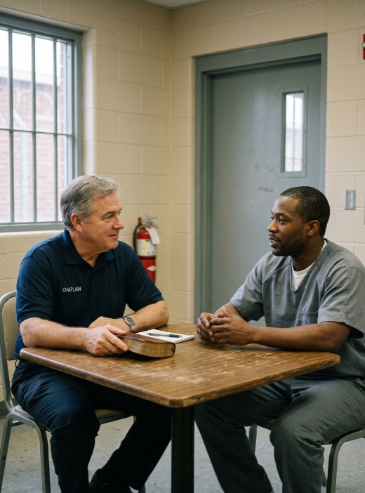 Corrections chaplain sitting at a table with an inmate in a prison setting, offering spiritual support and conversation with a Bible present.