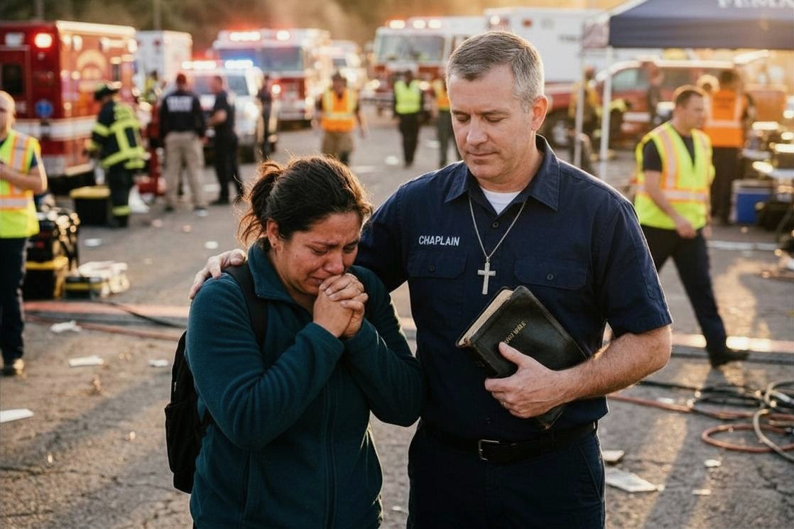 Male white disaster chaplain praying with Hispanic woman near emergency response scene