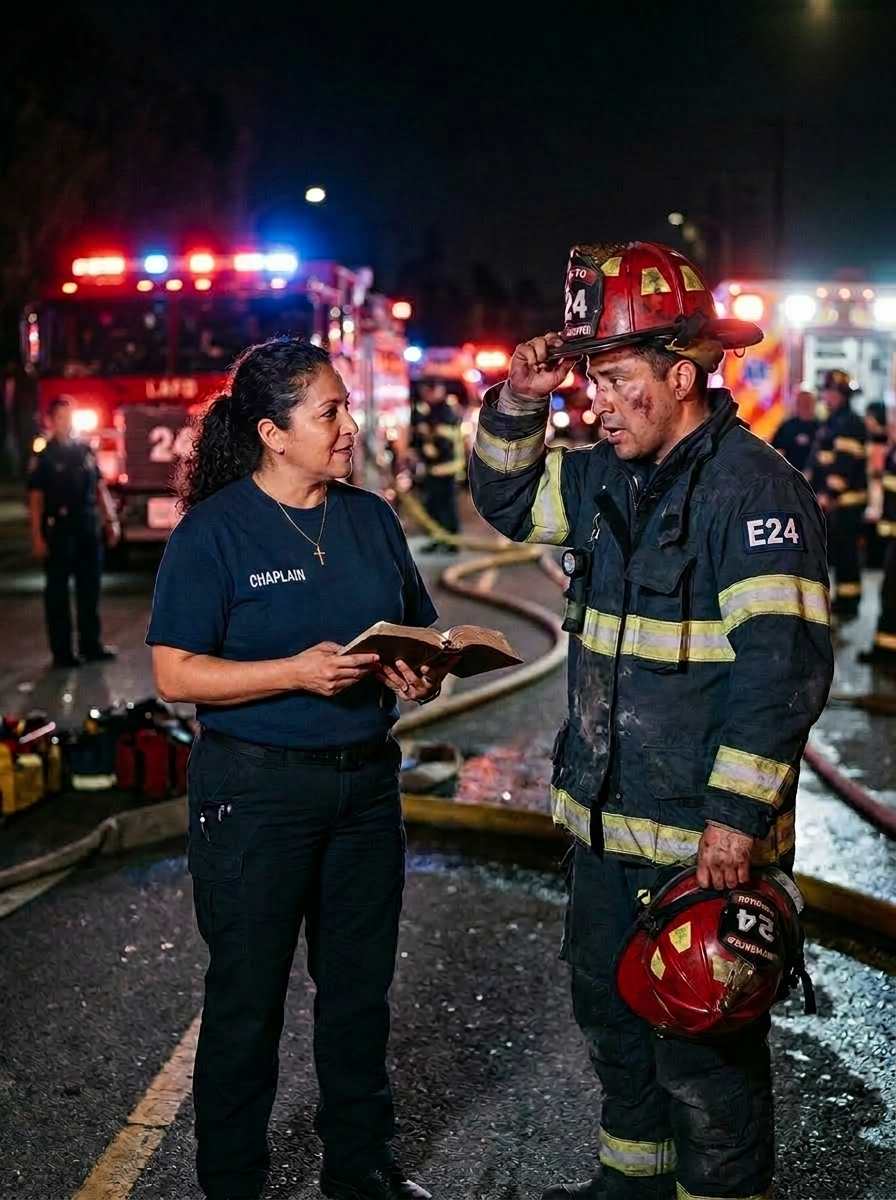 EMS chaplain wearing a “CHAPLAIN” shirt and cross necklace speaks with paramedics beside an ambulance while holding a Bible.