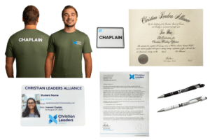 Chaplain recognition essentials including ID card, certificate, letter of good standing, chaplain shirt, name badge, and branded pens.