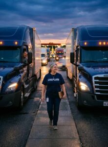 Female truck stop chaplain offering encouragement beside semi truck at dusk