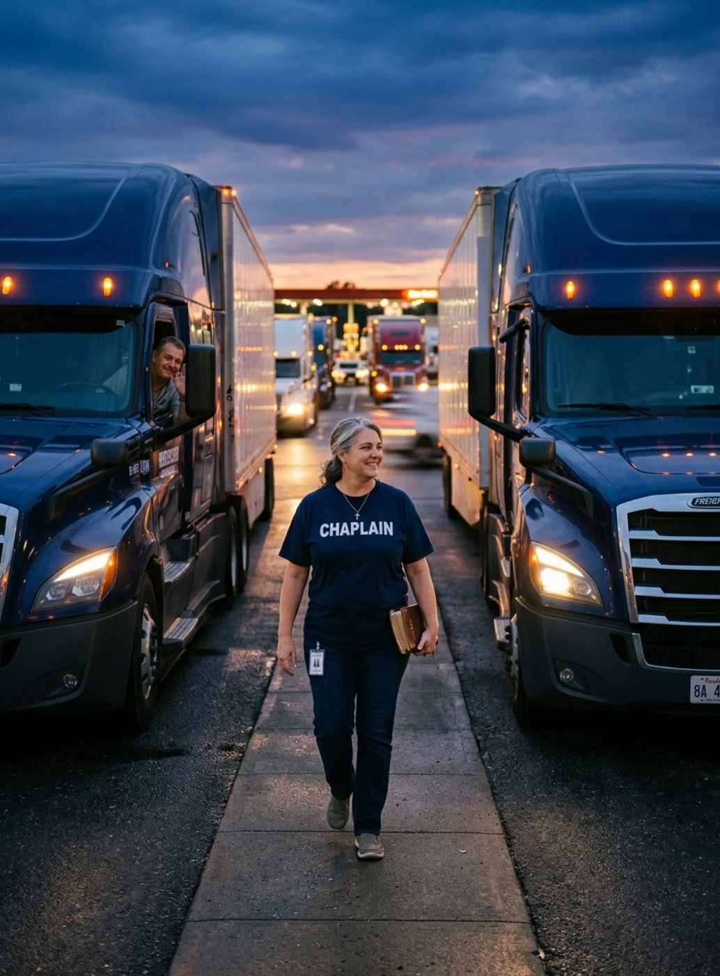 Female truck stop chaplain offering encouragement beside semi truck at dusk