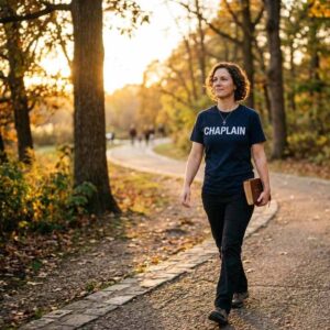 Female chaplain walking outdoors holding Bible and wearing CHAPLAIN shirt.