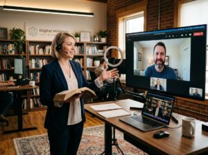Caucasian female digital chaplain guiding male participant in virtual faith discussion