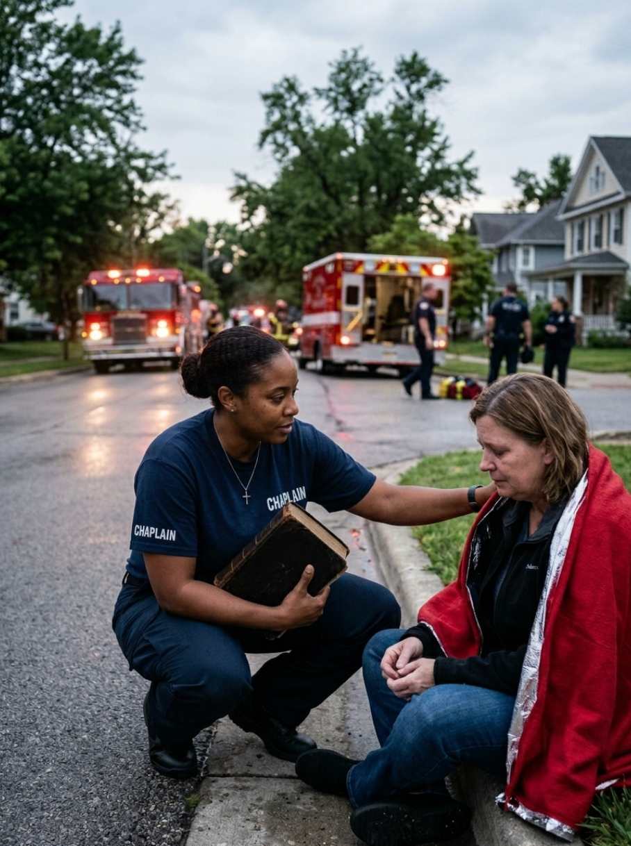 Fire and EMS chaplain wearing a navy “CHAPLAIN” t-shirt and cross necklace offers emotional support while holding a Bible near a fire engine after an emergency response.