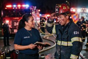 Fire chaplain praying with firefighter at emergency response scene providing spiritual care and crisis support