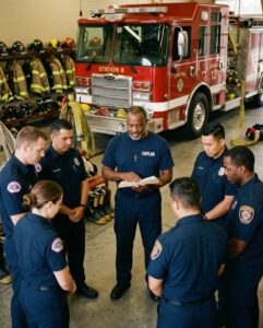 Fire chaplain wearing a navy “CHAPLAIN” t-shirt and cross necklace prays with firefighters inside a fire station while holding a Bible.