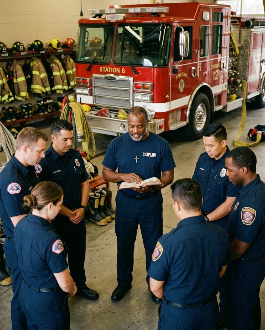 Fire chaplain wearing a navy “CHAPLAIN” t-shirt and cross necklace prays with firefighters inside a fire station while holding a Bible.