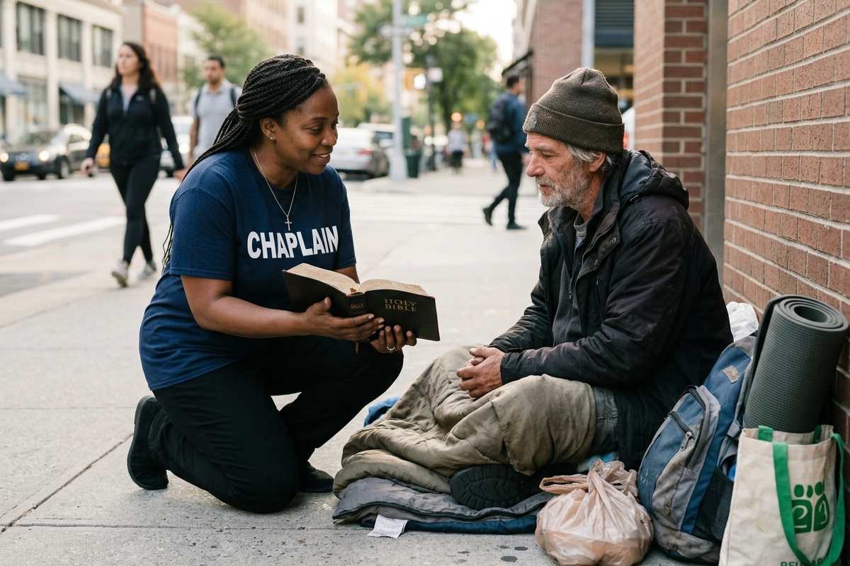 Community chaplain praying with homeless man on city sidewalk offering spiritual care and compassionate outreach.