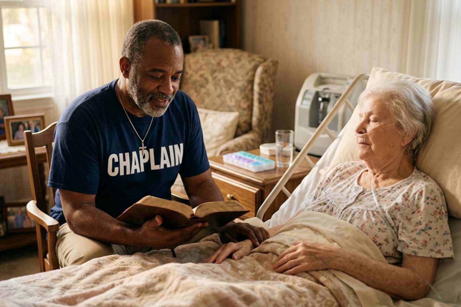 Male hospice chaplain praying with hospice patient in peaceful home care environment