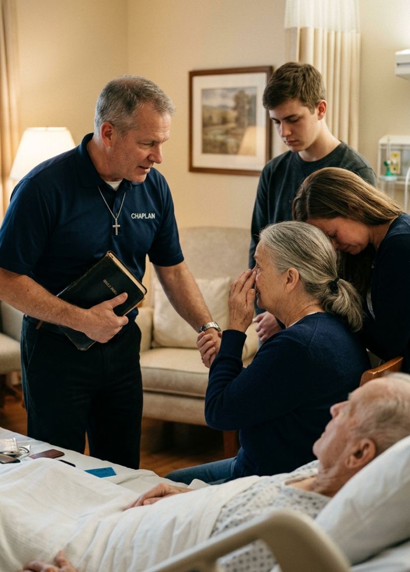Christian hospice chaplain wearing navy "CHAPLAIN" t-shirt and cross necklace holding a Bible while offering prayer and spiritual care to hospice patient in bedside setting