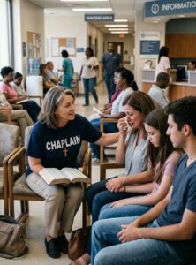 Female Christian hospital chaplain comforting a family in a hospital waiting area while holding a Bible and offering spiritual support