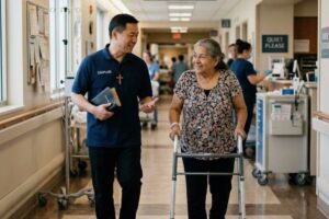 Hospital chaplain encouraging nurse in hallway
