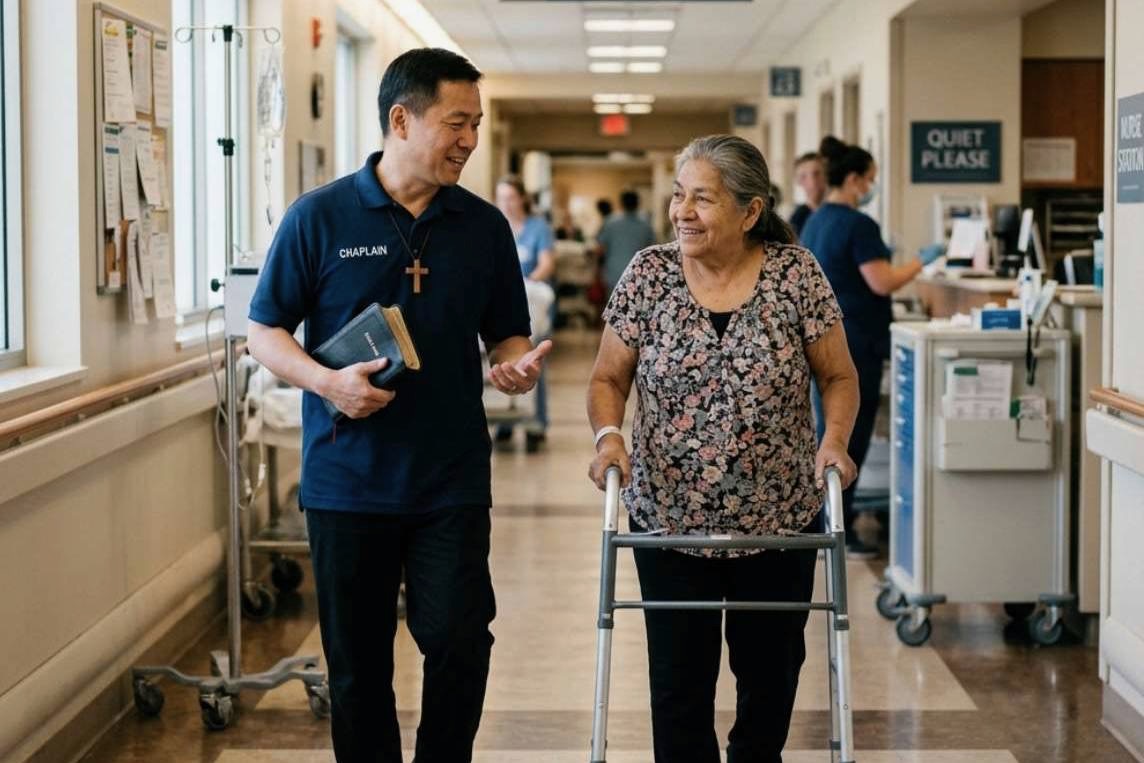 Hospital chaplain encouraging nurse in hallway