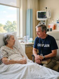 Christian hospital chaplain sitting beside a patient in a hospital room listening compassionately while holding a Bible and wearing a chaplain shirt and cross necklace