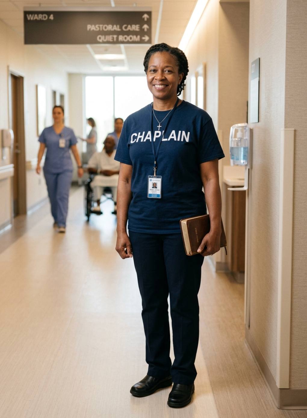 Compassionate Christian hospital chaplain standing in a modern hospital hallway holding a Bible, wearing a navy chaplain shirt and cross necklace, offering pastoral care support
