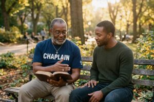 African American female Kingdom chaplain reading Bible with white male community member.