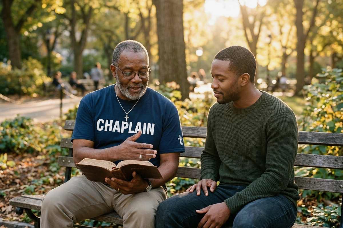 African American female Kingdom chaplain reading Bible with white male community member.
